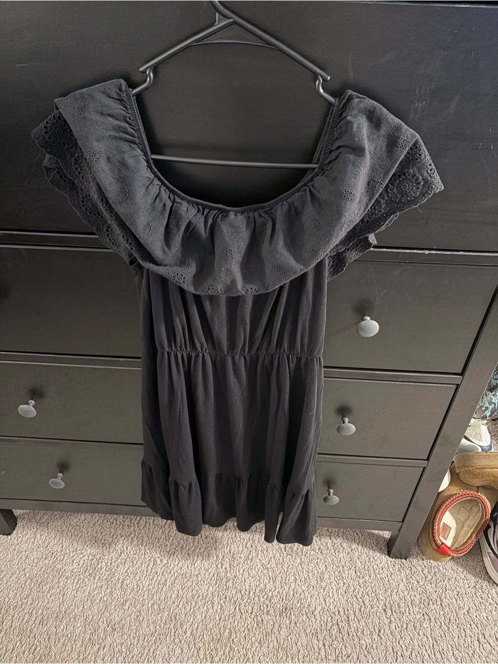 Black Eyelet Ruffle Mini Dress Off Shoulder Boho Cottagecore